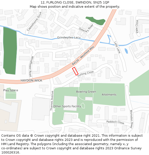 12, FURLONG CLOSE, SWINDON, SN25 1QP: Location map and indicative extent of plot