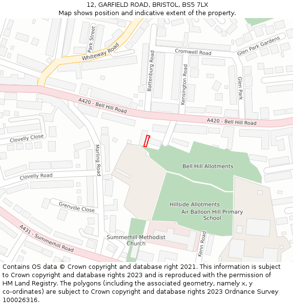 12, GARFIELD ROAD, BRISTOL, BS5 7LX: Location map and indicative extent of plot