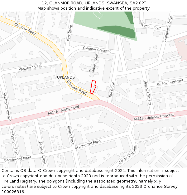 12, GLANMOR ROAD, UPLANDS, SWANSEA, SA2 0PT: Location map and indicative extent of plot