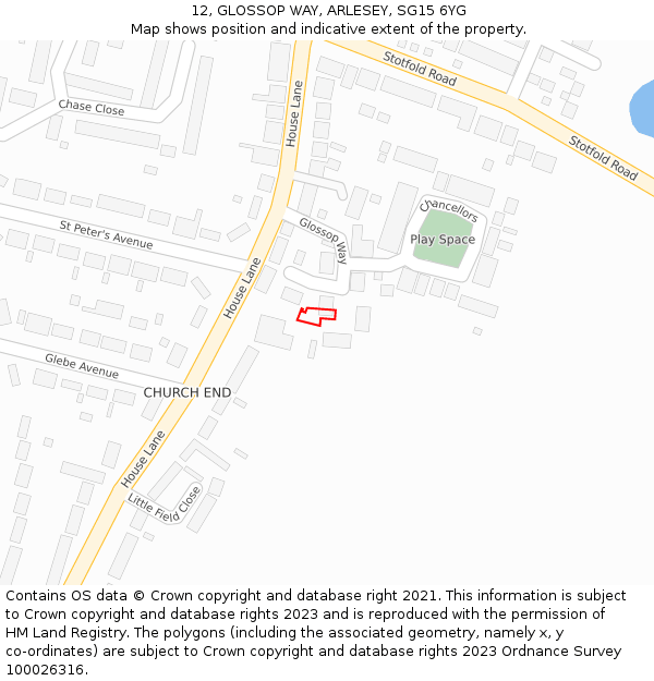 12, GLOSSOP WAY, ARLESEY, SG15 6YG: Location map and indicative extent of plot