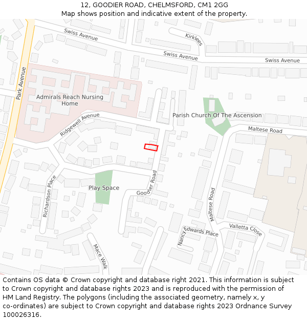 12, GOODIER ROAD, CHELMSFORD, CM1 2GG: Location map and indicative extent of plot