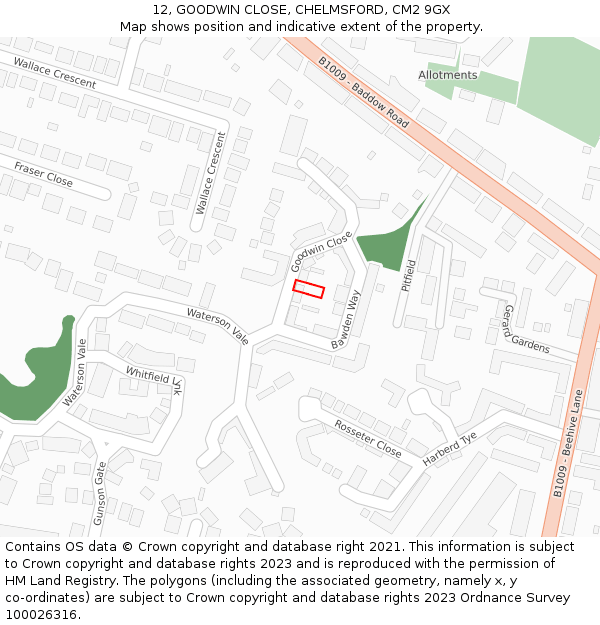 12, GOODWIN CLOSE, CHELMSFORD, CM2 9GX: Location map and indicative extent of plot