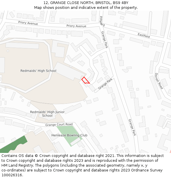 12, GRANGE CLOSE NORTH, BRISTOL, BS9 4BY: Location map and indicative extent of plot