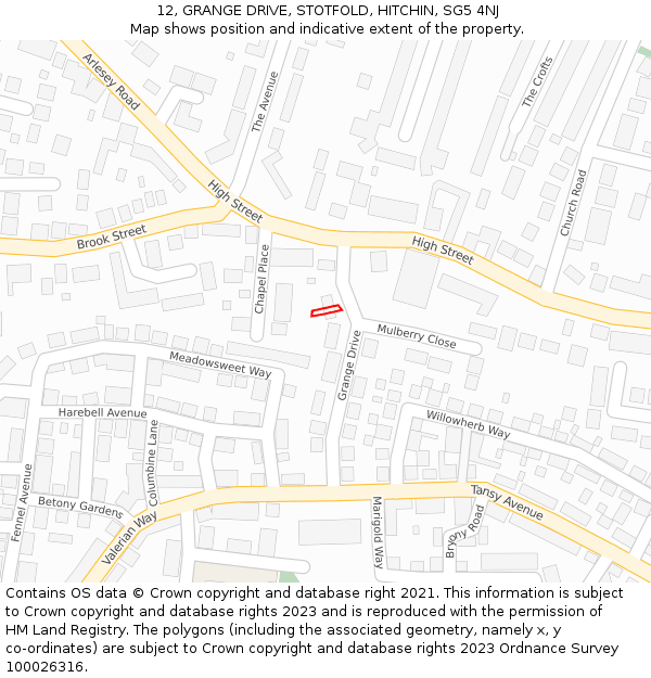 12, GRANGE DRIVE, STOTFOLD, HITCHIN, SG5 4NJ: Location map and indicative extent of plot