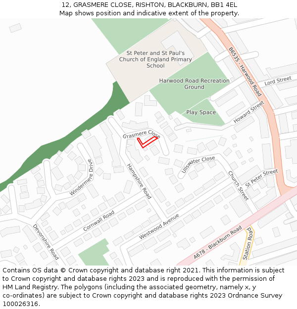 12, GRASMERE CLOSE, RISHTON, BLACKBURN, BB1 4EL: Location map and indicative extent of plot