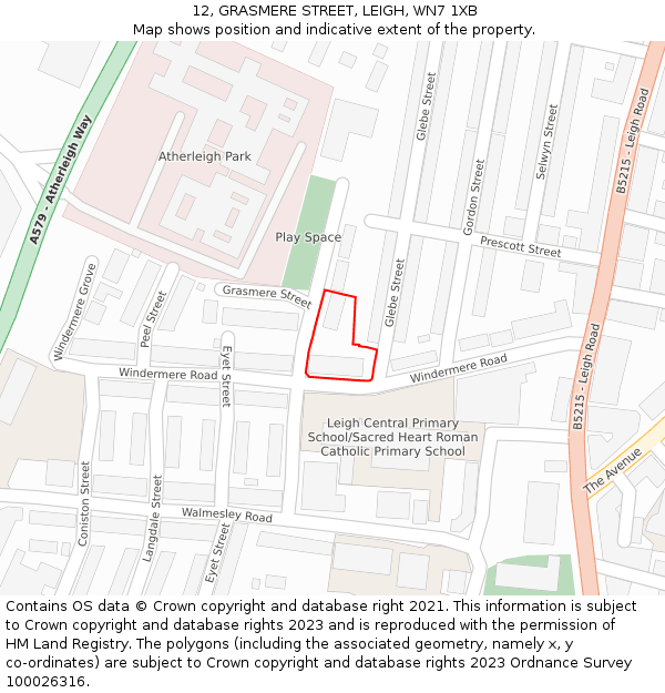 12, GRASMERE STREET, LEIGH, WN7 1XB: Location map and indicative extent of plot