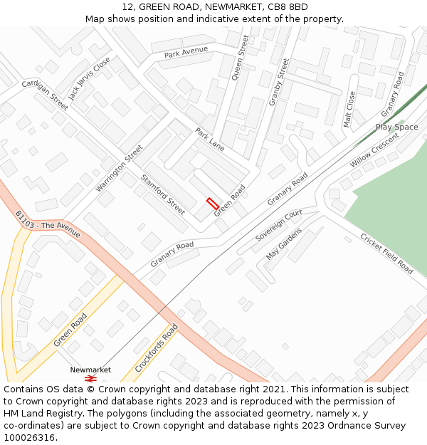 12, GREEN ROAD, NEWMARKET, CB8 8BD: Location map and indicative extent of plot