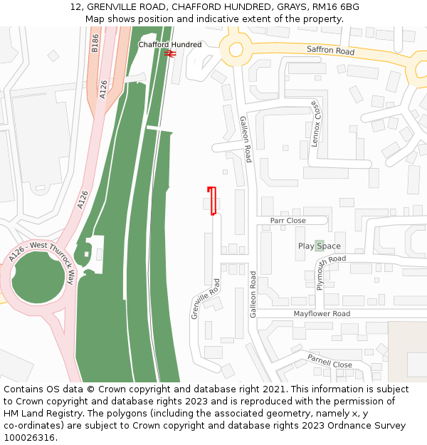 12, GRENVILLE ROAD, CHAFFORD HUNDRED, GRAYS, RM16 6BG: Location map and indicative extent of plot