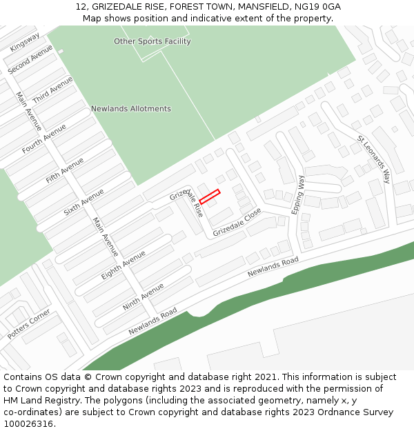 12, GRIZEDALE RISE, FOREST TOWN, MANSFIELD, NG19 0GA: Location map and indicative extent of plot