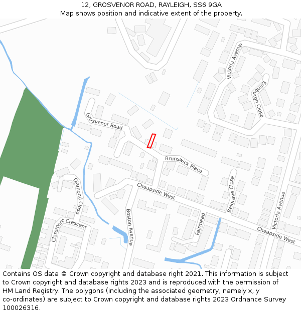 12, GROSVENOR ROAD, RAYLEIGH, SS6 9GA: Location map and indicative extent of plot