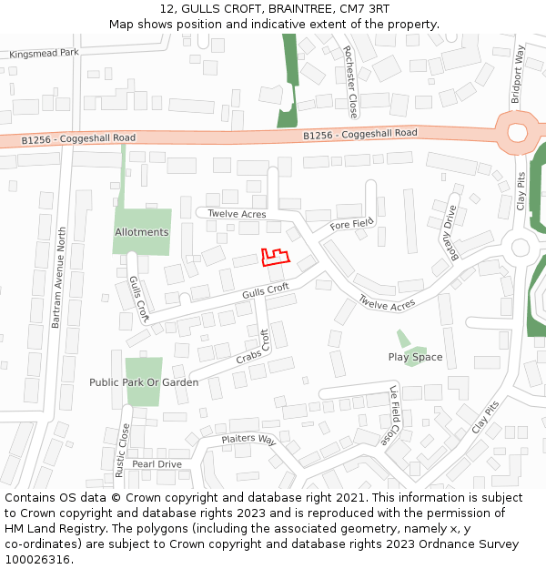 12, GULLS CROFT, BRAINTREE, CM7 3RT: Location map and indicative extent of plot