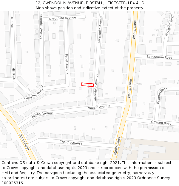 12, GWENDOLIN AVENUE, BIRSTALL, LEICESTER, LE4 4HD: Location map and indicative extent of plot