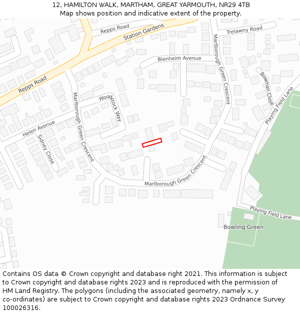 12, HAMILTON WALK, MARTHAM, GREAT YARMOUTH, NR29 4TB: Location map and indicative extent of plot