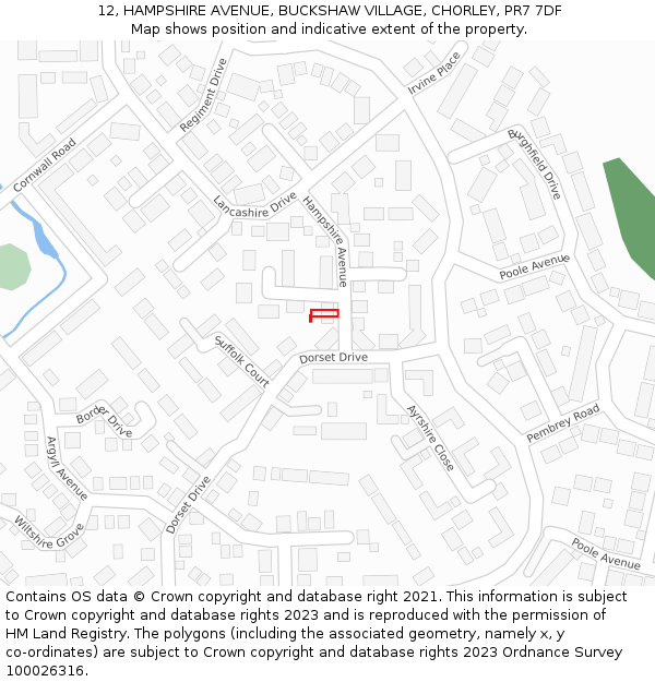 12, HAMPSHIRE AVENUE, BUCKSHAW VILLAGE, CHORLEY, PR7 7DF: Location map and indicative extent of plot