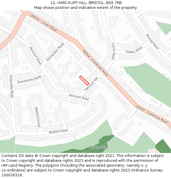 12, HARCOURT HILL, BRISTOL, BS6 7RB: Location map and indicative extent of plot