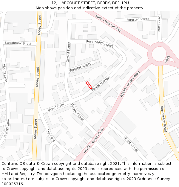 12, HARCOURT STREET, DERBY, DE1 1PU: Location map and indicative extent of plot
