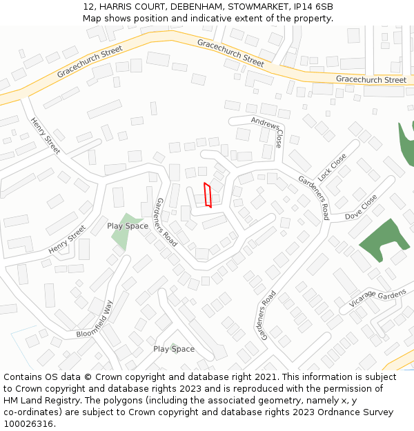 12, HARRIS COURT, DEBENHAM, STOWMARKET, IP14 6SB: Location map and indicative extent of plot