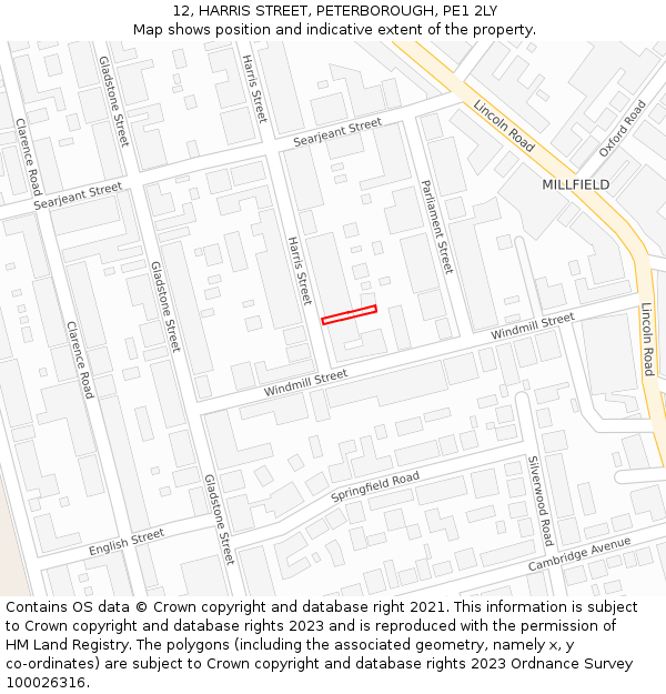 12, HARRIS STREET, PETERBOROUGH, PE1 2LY: Location map and indicative extent of plot