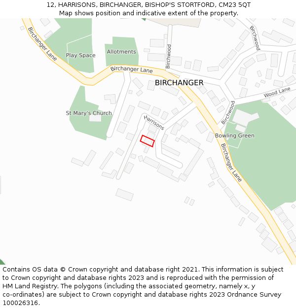 12, HARRISONS, BIRCHANGER, BISHOP'S STORTFORD, CM23 5QT: Location map and indicative extent of plot