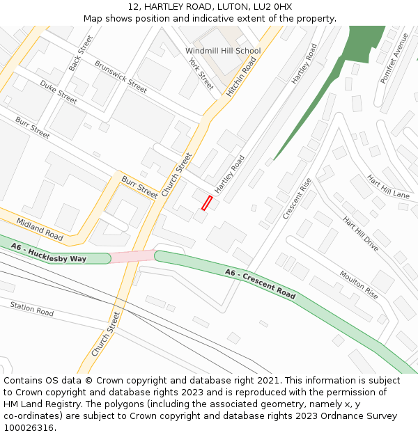 12, HARTLEY ROAD, LUTON, LU2 0HX: Location map and indicative extent of plot