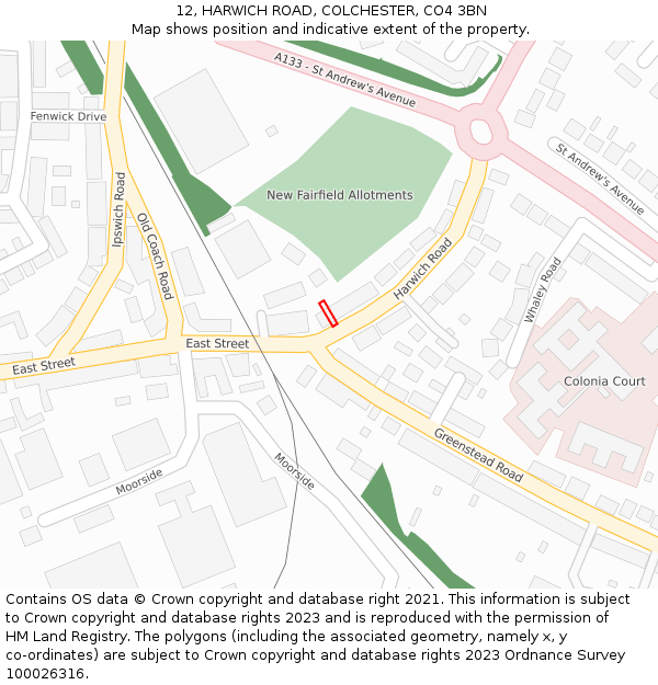 12, HARWICH ROAD, COLCHESTER, CO4 3BN: Location map and indicative extent of plot