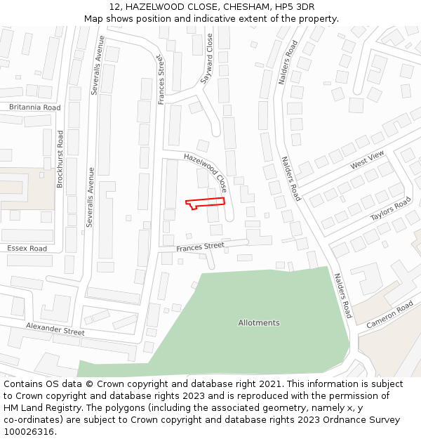 12, HAZELWOOD CLOSE, CHESHAM, HP5 3DR: Location map and indicative extent of plot