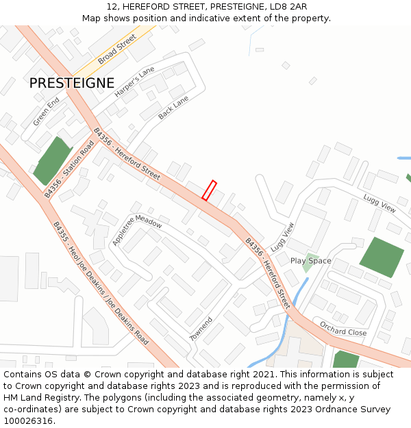 12, HEREFORD STREET, PRESTEIGNE, LD8 2AR: Location map and indicative extent of plot