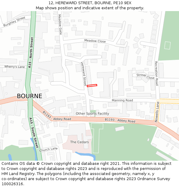 12, HEREWARD STREET, BOURNE, PE10 9EX: Location map and indicative extent of plot