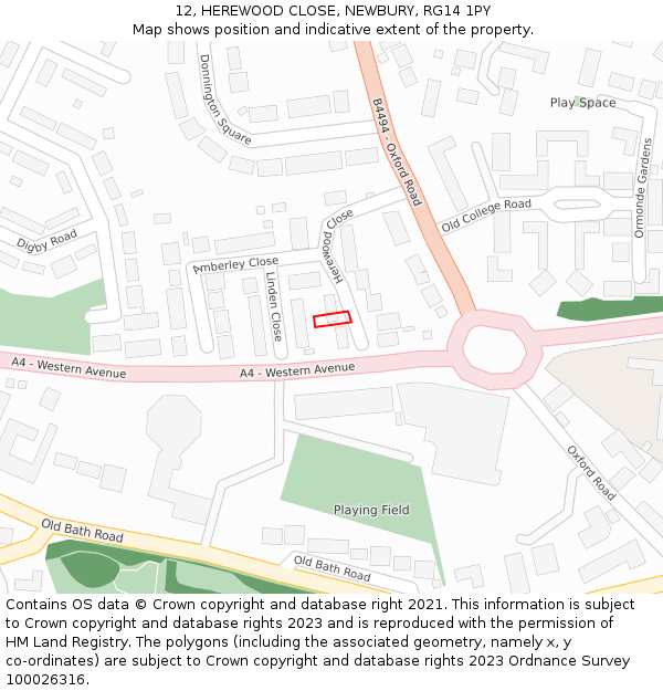 12, HEREWOOD CLOSE, NEWBURY, RG14 1PY: Location map and indicative extent of plot