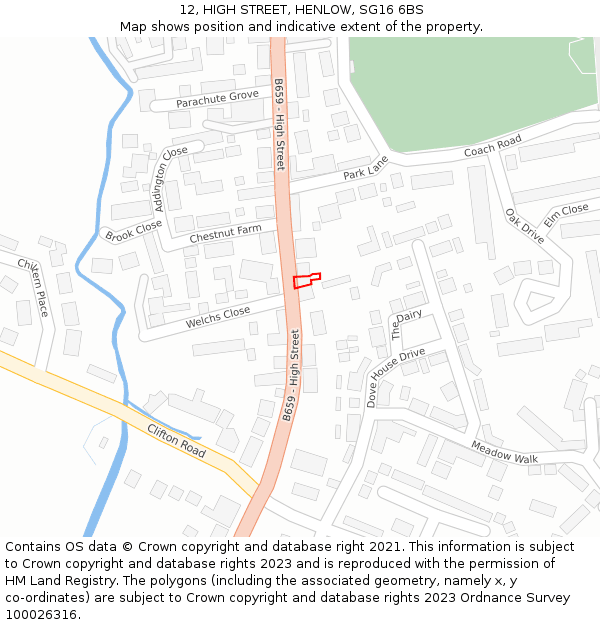 12, HIGH STREET, HENLOW, SG16 6BS: Location map and indicative extent of plot
