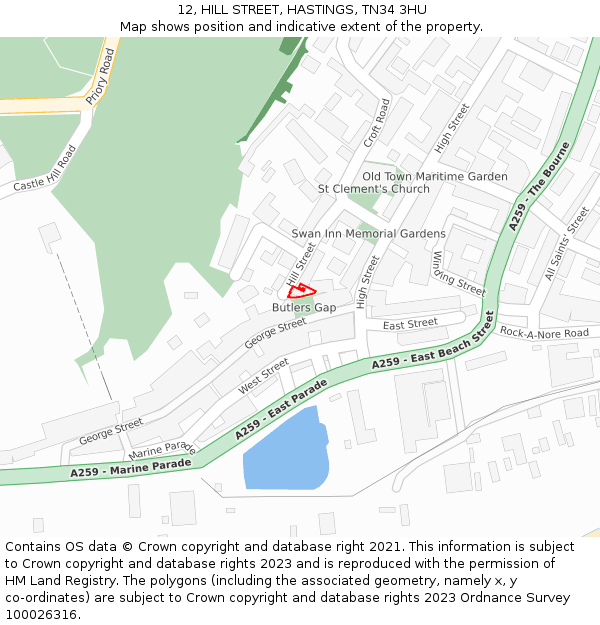 12, HILL STREET, HASTINGS, TN34 3HU: Location map and indicative extent of plot