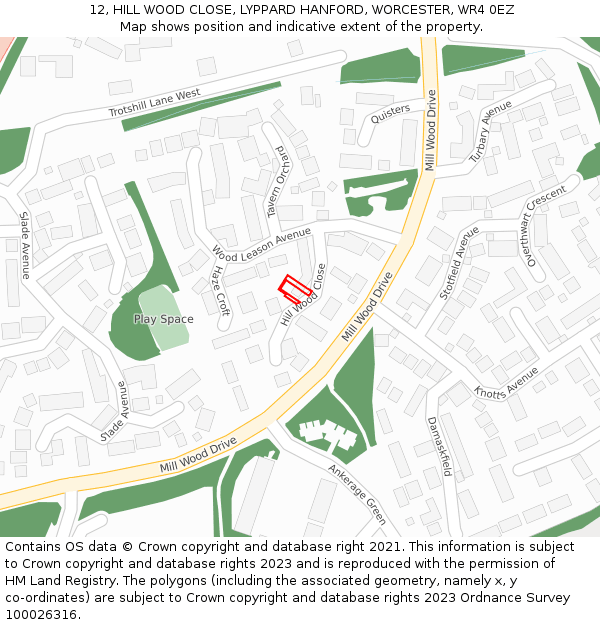 12, HILL WOOD CLOSE, LYPPARD HANFORD, WORCESTER, WR4 0EZ: Location map and indicative extent of plot
