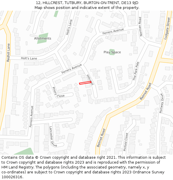 12, HILLCREST, TUTBURY, BURTON-ON-TRENT, DE13 9JD: Location map and indicative extent of plot