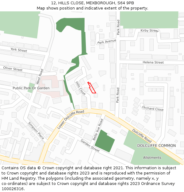 12, HILLS CLOSE, MEXBOROUGH, S64 9PB: Location map and indicative extent of plot