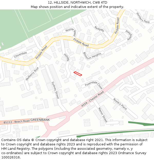 12, HILLSIDE, NORTHWICH, CW8 4TD: Location map and indicative extent of plot