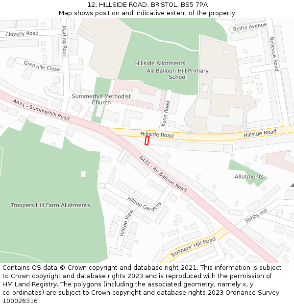 12, HILLSIDE ROAD, BRISTOL, BS5 7PA: Location map and indicative extent of plot