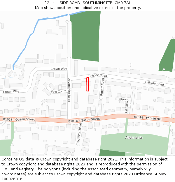 12, HILLSIDE ROAD, SOUTHMINSTER, CM0 7AL: Location map and indicative extent of plot