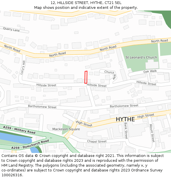 12, HILLSIDE STREET, HYTHE, CT21 5EL: Location map and indicative extent of plot