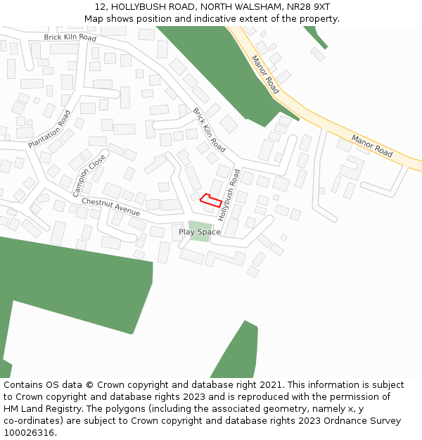 12, HOLLYBUSH ROAD, NORTH WALSHAM, NR28 9XT: Location map and indicative extent of plot