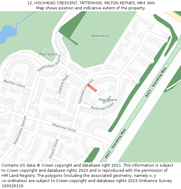 12, HOLYHEAD CRESCENT, TATTENHOE, MILTON KEYNES, MK4 3AN: Location map and indicative extent of plot