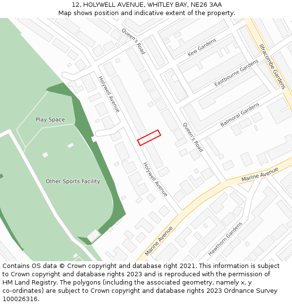 12, HOLYWELL AVENUE, WHITLEY BAY, NE26 3AA: Location map and indicative extent of plot