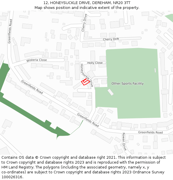 12, HONEYSUCKLE DRIVE, DEREHAM, NR20 3TT: Location map and indicative extent of plot