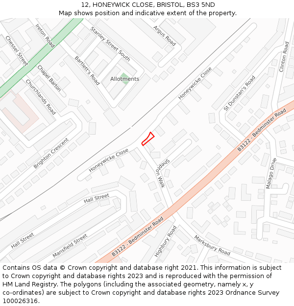 12, HONEYWICK CLOSE, BRISTOL, BS3 5ND: Location map and indicative extent of plot