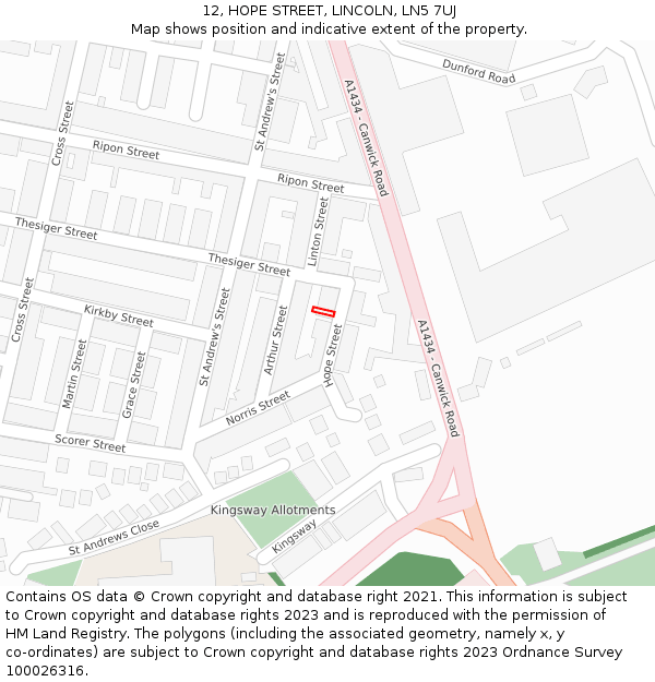 12, HOPE STREET, LINCOLN, LN5 7UJ: Location map and indicative extent of plot