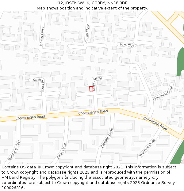 12, IBSEN WALK, CORBY, NN18 9DF: Location map and indicative extent of plot