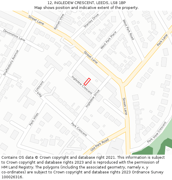 12, INGLEDEW CRESCENT, LEEDS, LS8 1BP: Location map and indicative extent of plot