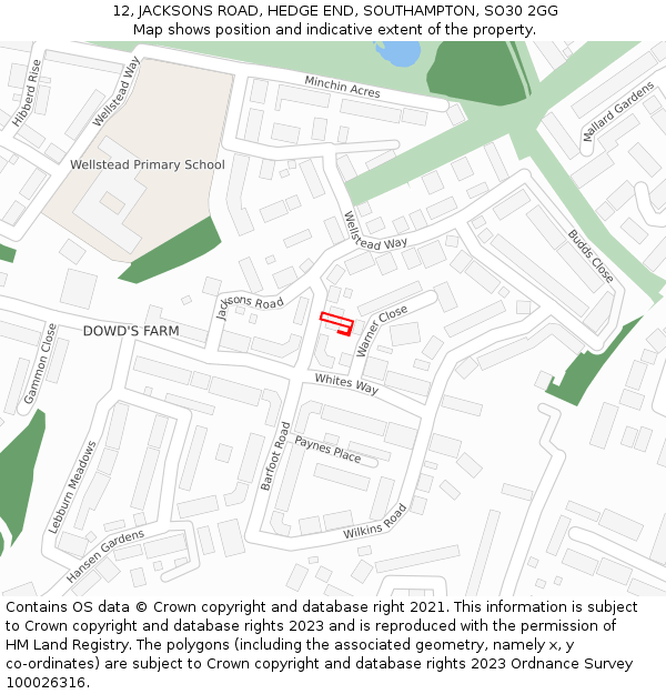 12, JACKSONS ROAD, HEDGE END, SOUTHAMPTON, SO30 2GG: Location map and indicative extent of plot