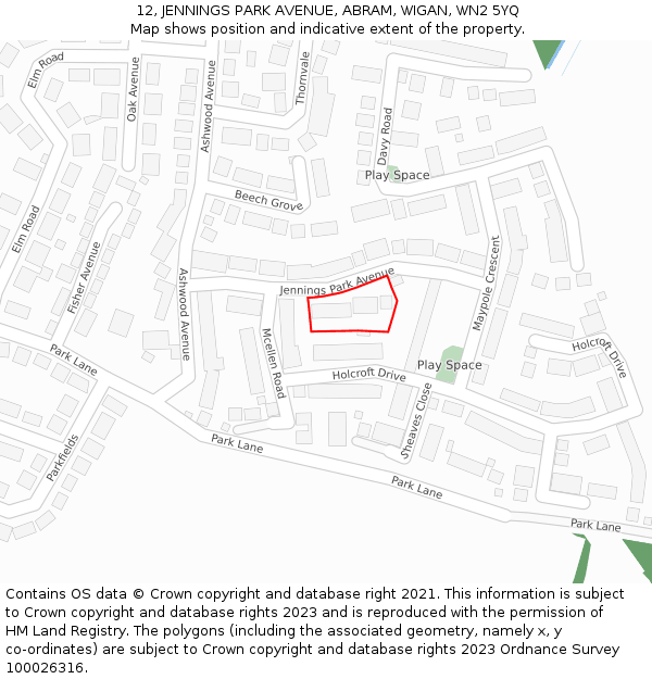 12, JENNINGS PARK AVENUE, ABRAM, WIGAN, WN2 5YQ: Location map and indicative extent of plot