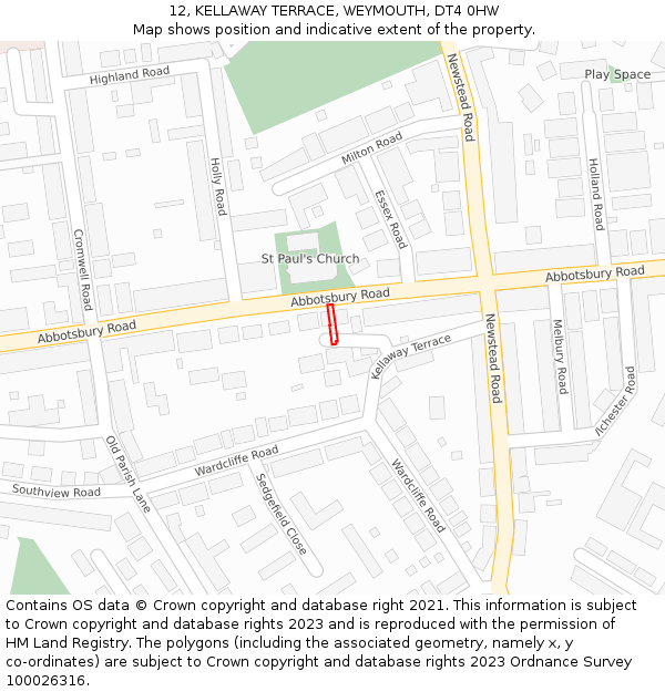 12, KELLAWAY TERRACE, WEYMOUTH, DT4 0HW: Location map and indicative extent of plot