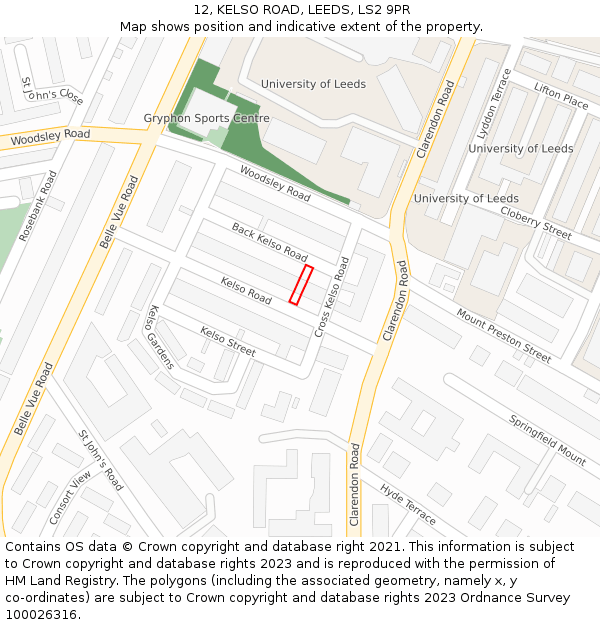 12, KELSO ROAD, LEEDS, LS2 9PR: Location map and indicative extent of plot
